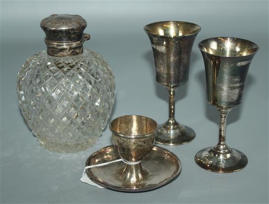 2 silver goblets, egg cup & silver topped scent bottle